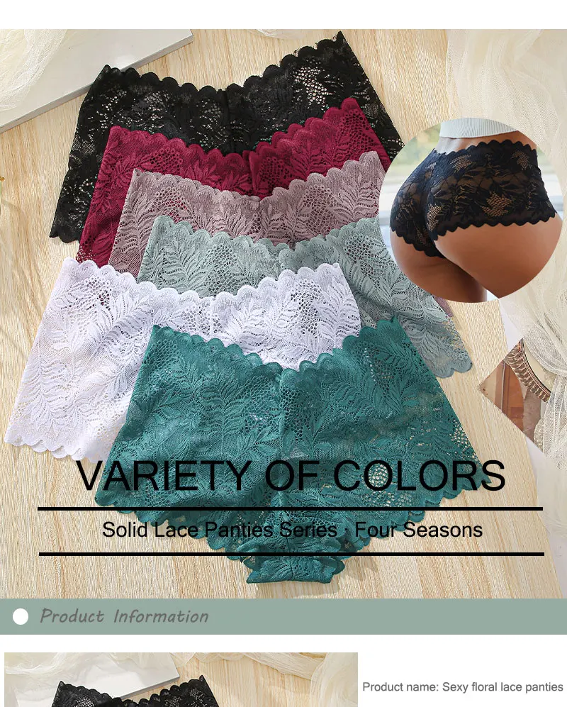 3PCS Women Sexy Lace Panties Floral Perspective Uderwear Solid Color Intimates Boyshort Female V-Waist Breathablle Soft Lingerie