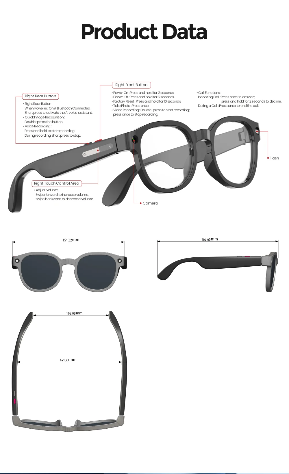 VIVO 2MP AI Smart Glasses Photo Camera Video Multifunctional AI Translation Recording Music Control Wifi Transmission 2026 NEW