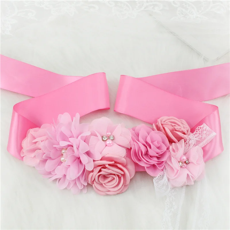 Pink White Blue Purple Fashion Flower Wedding Belts Pearl Bow Wedding Dress Belt Bridal Ribbon Sash Belt Party Bridesmaid Dress