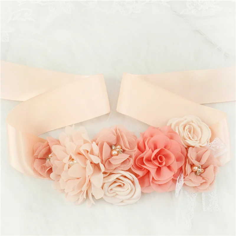 Pink White Blue Purple Fashion Flower Wedding Belts Pearl Bow Wedding Dress Belt Bridal Ribbon Sash Belt Party Bridesmaid Dress