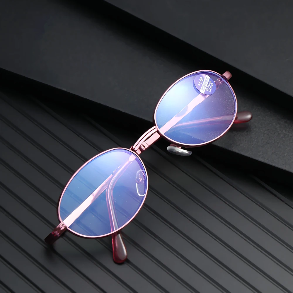 Classic Portable Folding Reading Glasses Anti Blue Ray Eyewear Women Metal Frame Presbyopia Eyeglasses with Glasses Bag