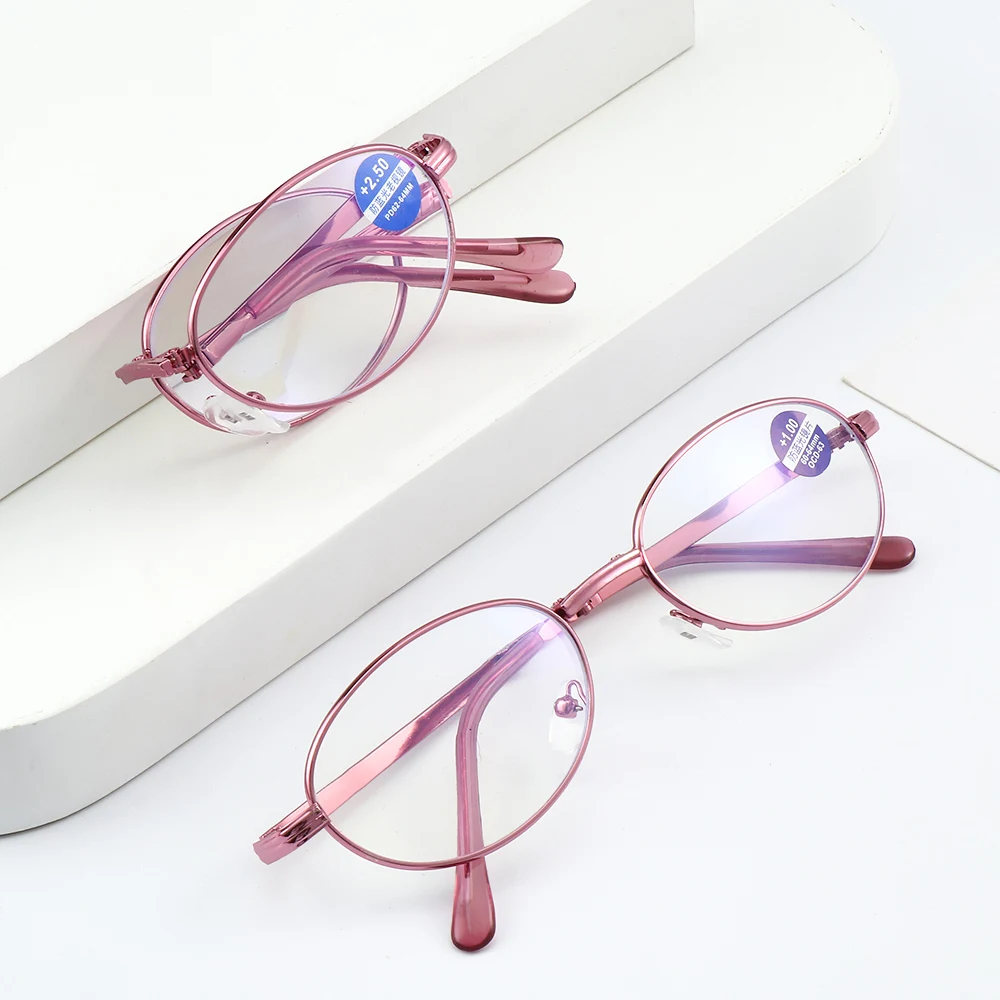 Classic Portable Folding Reading Glasses Anti Blue Ray Eyewear Women Metal Frame Presbyopia Eyeglasses with Glasses Bag