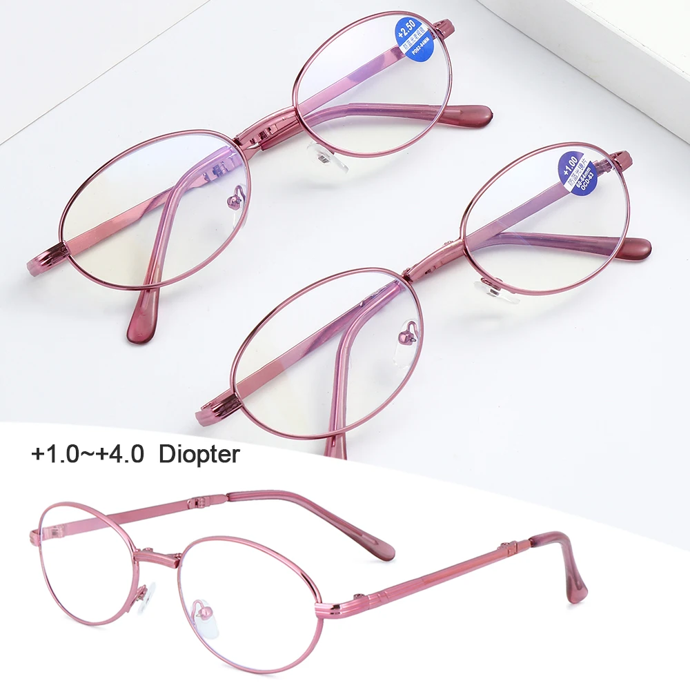 Classic Portable Folding Reading Glasses Anti Blue Ray Eyewear Women Metal Frame Presbyopia Eyeglasses with Glasses Bag