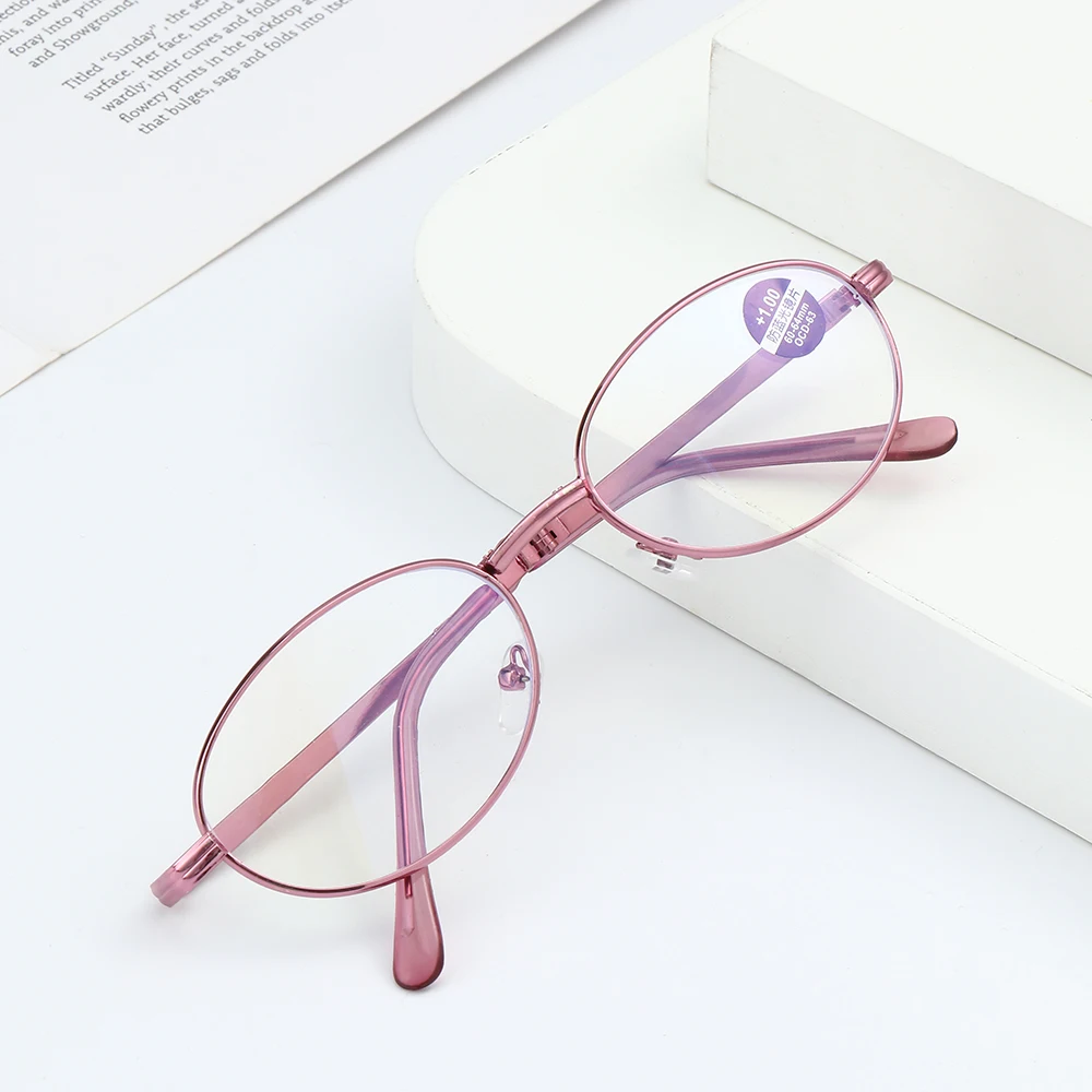 Classic Portable Folding Reading Glasses Anti Blue Ray Eyewear Women Metal Frame Presbyopia Eyeglasses with Glasses Bag