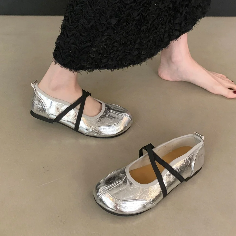 Bailamos Women Flat Women's Square Toe Retro Single Shoes One Word Buckle Shallow Mouth Mary Jane Shoes Split Toe Shoes Sandals