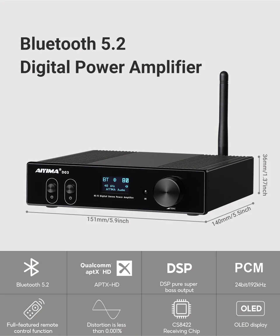 AIYIMA D03 Bluetooth Amplifier 150Wx2 Stereo HiFi Sound Amplificador Subwoofer Amplifiers USB DAC OLED APTX DIY 2.1 Home Audio