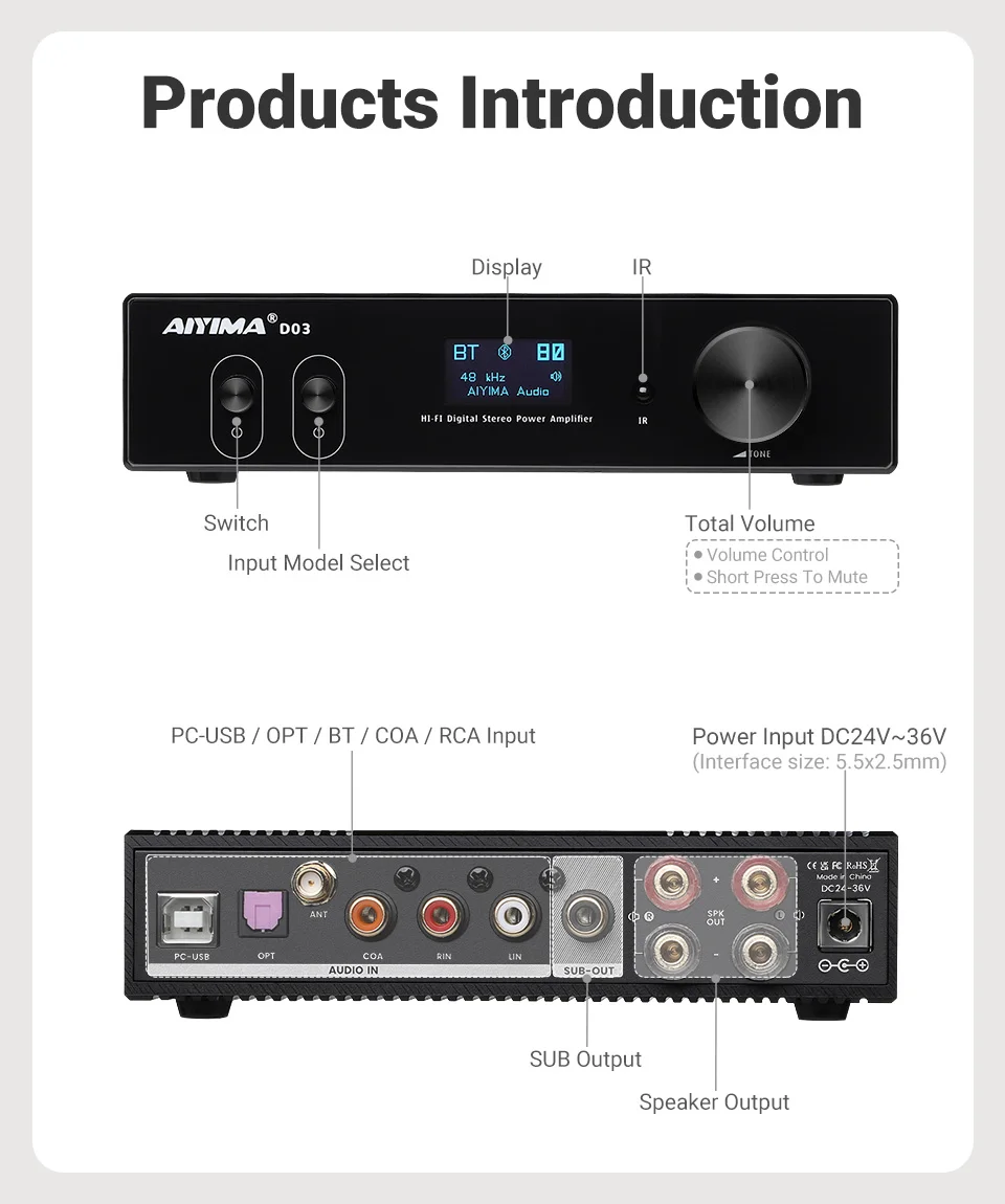 AIYIMA D03 Bluetooth Amplifier 150Wx2 Stereo HiFi Sound Amplificador Subwoofer Amplifiers USB DAC OLED APTX DIY 2.1 Home Audio