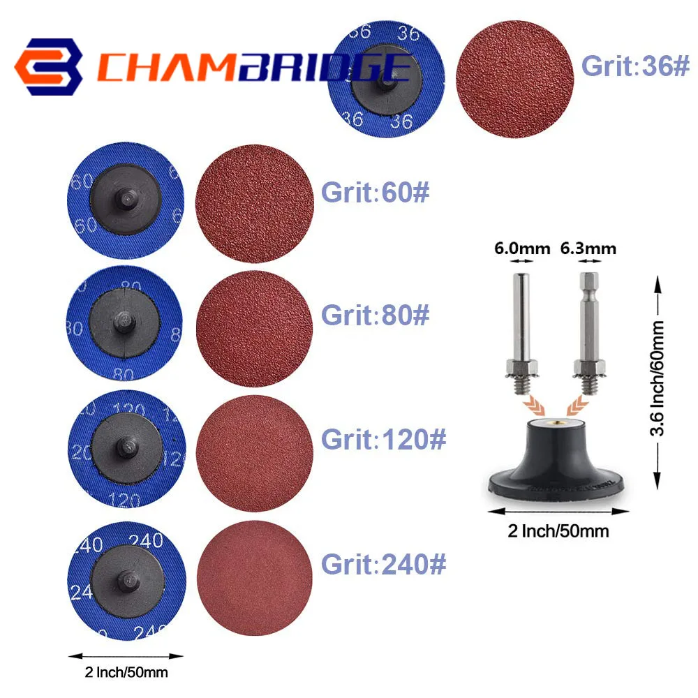 50mm R-Type Quick Change Discs Set 2 Inch Zirconia Sanding Discs with 1/4" Holder for Die Grinder Rust Paint Removal Accessories