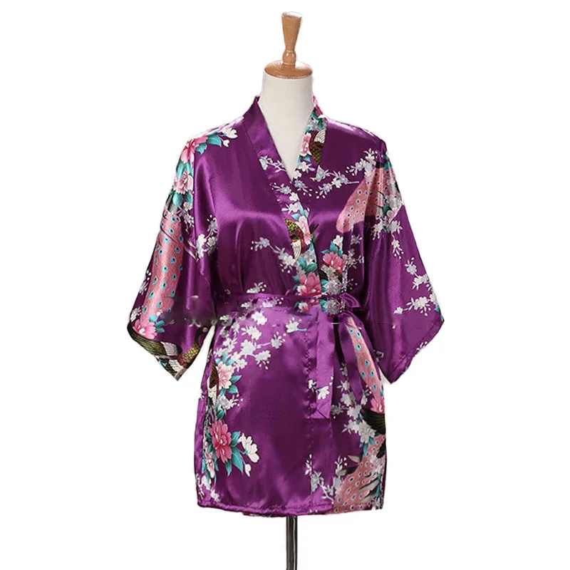 Lace Up Woman Peacock Print Japanese Kimono Yukata Silk Satin Short Style Sleepwear Home Nightgown Bath Robe Costume