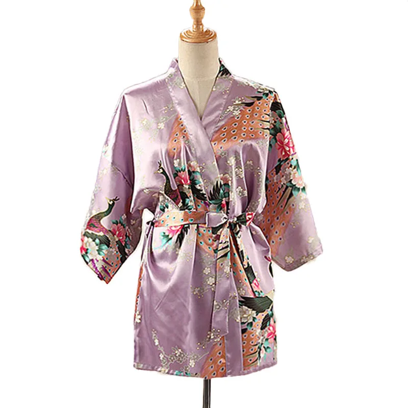 Lace Up Woman Peacock Print Japanese Kimono Yukata Silk Satin Short Style Sleepwear Home Nightgown Bath Robe Costume