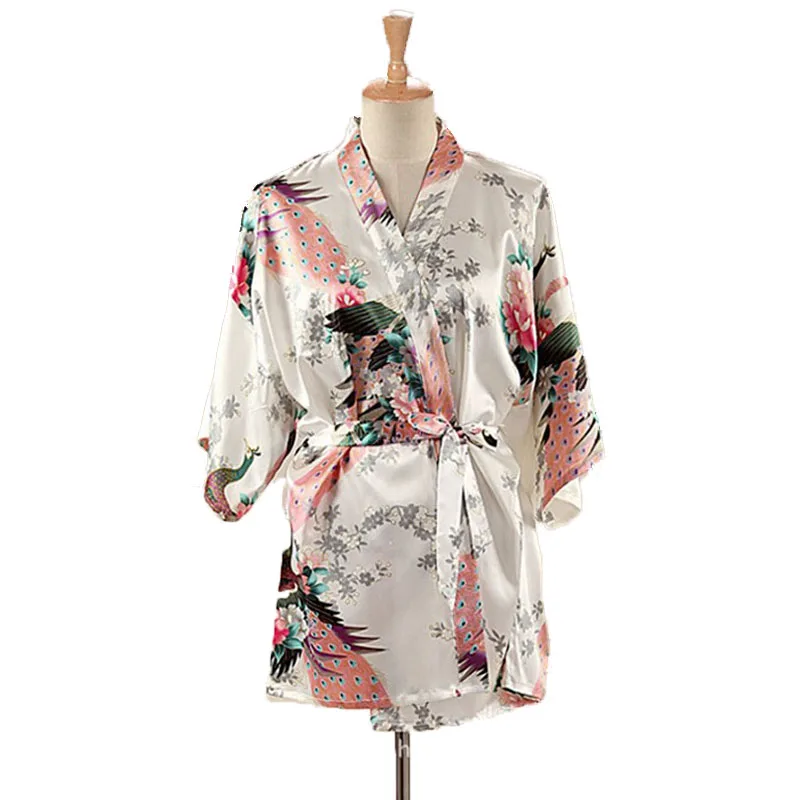 Lace Up Woman Peacock Print Japanese Kimono Yukata Silk Satin Short Style Sleepwear Home Nightgown Bath Robe Costume