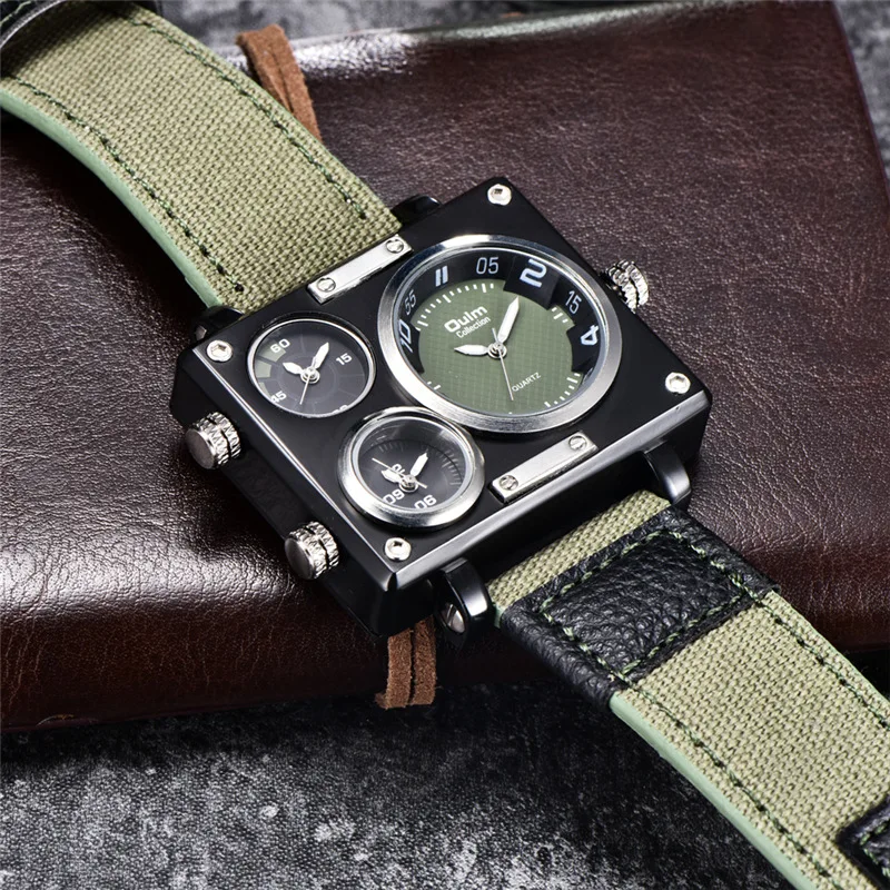 Oulm 3595 Green Watches Men Top Brand Luxury Fabric Big Size Quartz Clock 3 Time Zone Male Sport Watch relogio masculino