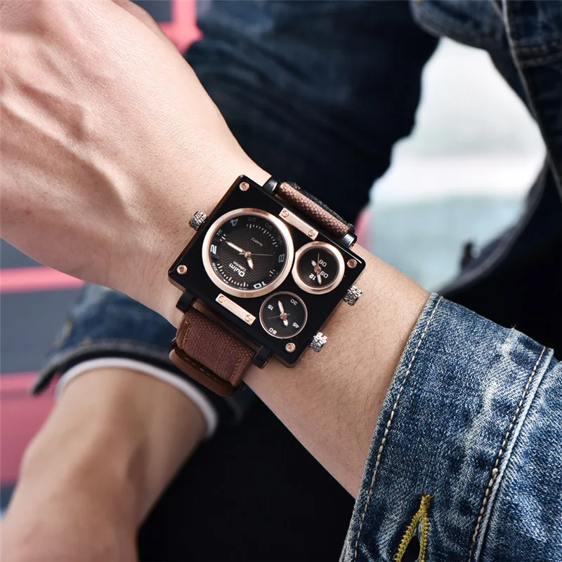 Oulm 3595 Green Watches Men Top Brand Luxury Fabric Big Size Quartz Clock 3 Time Zone Male Sport Watch relogio masculino