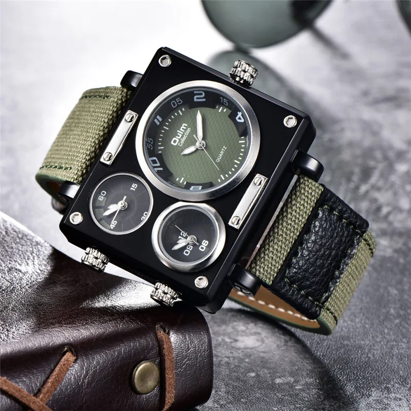 Oulm 3595 Green Watches Men Top Brand Luxury Fabric Big Size Quartz Clock 3 Time Zone Male Sport Watch relogio masculino