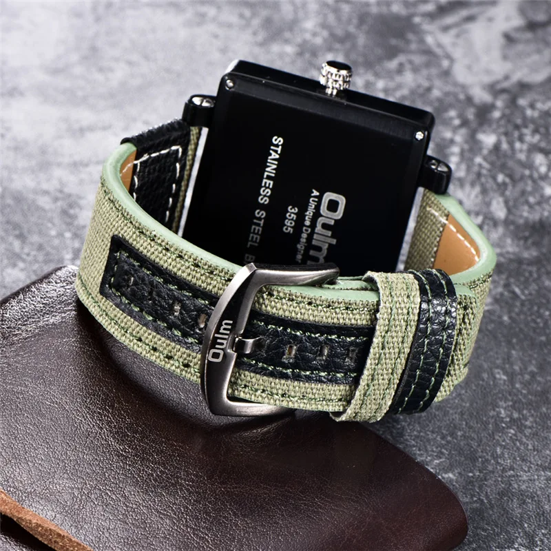 Oulm 3595 Green Watches Men Top Brand Luxury Fabric Big Size Quartz Clock 3 Time Zone Male Sport Watch relogio masculino