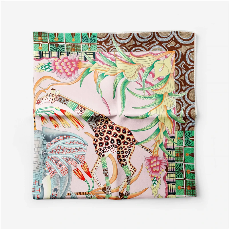 53cm Elephant Giraffe Zebra Square Scarf Brand Design Horse Luxury Silk Women Scarf Bandana Headband Fashion Hijab Neckerchief