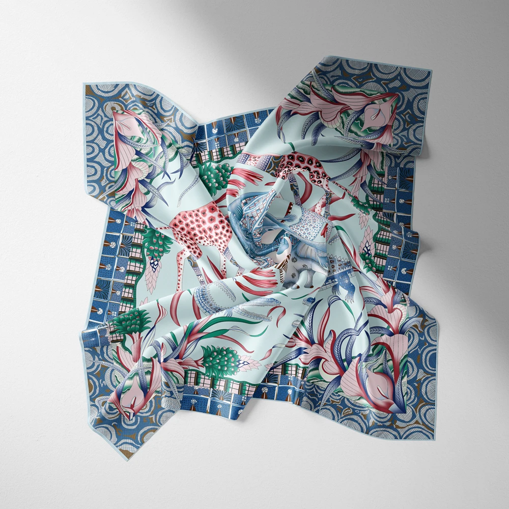 53cm Elephant Giraffe Zebra Square Scarf Brand Design Horse Luxury Silk Women Scarf Bandana Headband Fashion Hijab Neckerchief