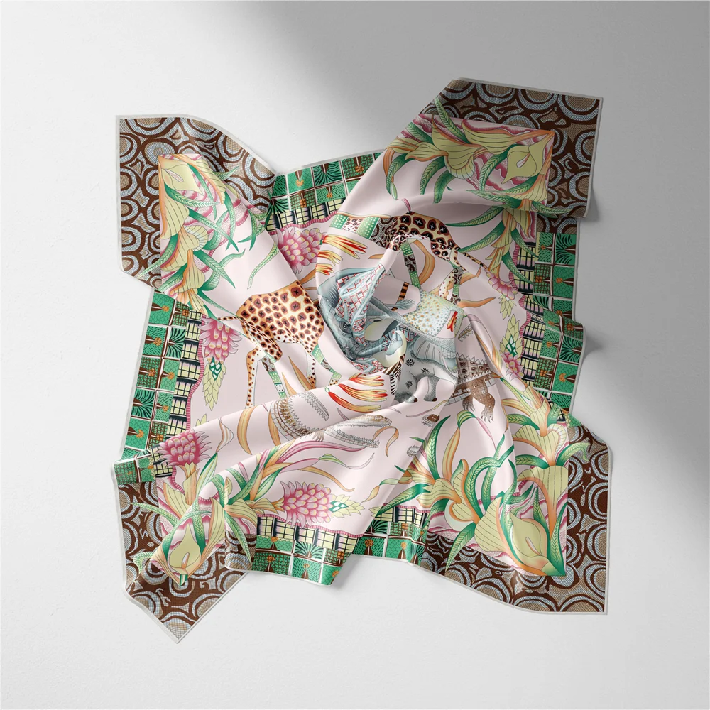53cm Elephant Giraffe Zebra Square Scarf Brand Design Horse Luxury Silk Women Scarf Bandana Headband Fashion Hijab Neckerchief