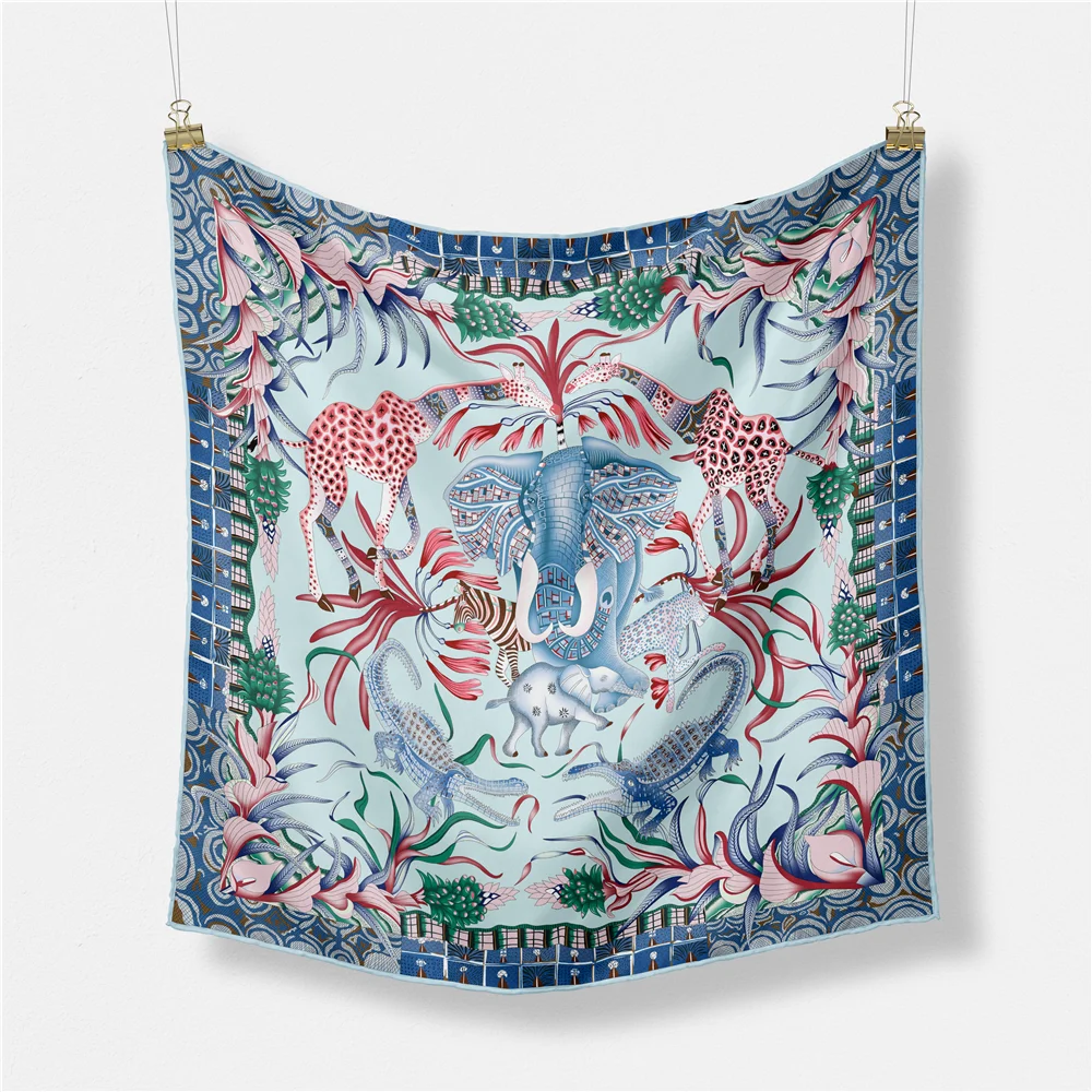 53cm Elephant Giraffe Zebra Square Scarf Brand Design Horse Luxury Silk Women Scarf Bandana Headband Fashion Hijab Neckerchief