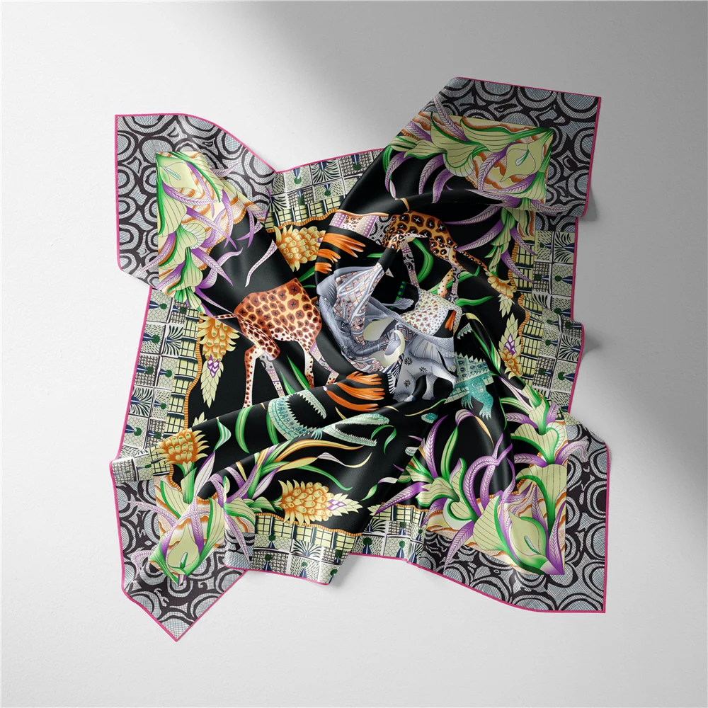 53cm Elephant Giraffe Zebra Square Scarf Brand Design Horse Luxury Silk Women Scarf Bandana Headband Fashion Hijab Neckerchief