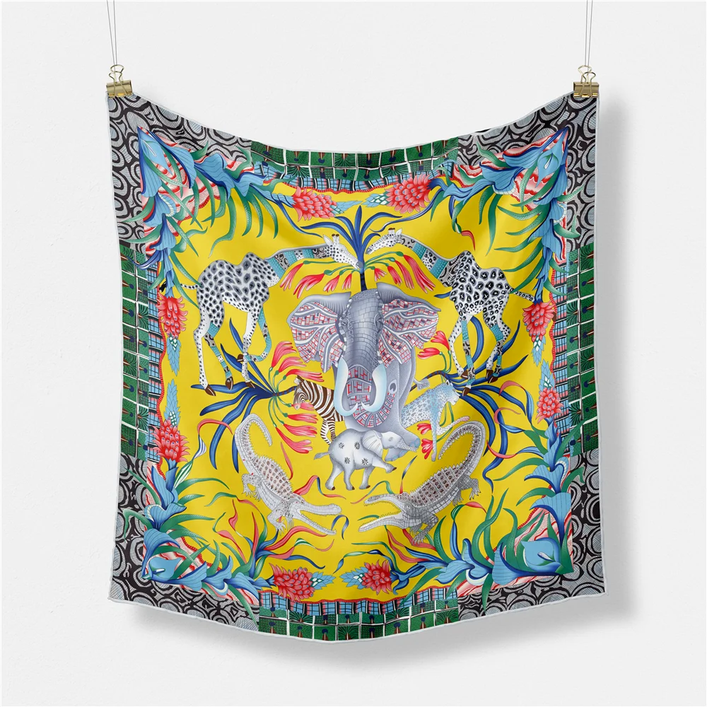 53cm Elephant Giraffe Zebra Square Scarf Brand Design Horse Luxury Silk Women Scarf Bandana Headband Fashion Hijab Neckerchief