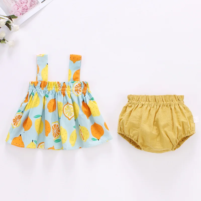 Baby Summer Dress Suit Baby Girl Clothes 0-2 Years Infant Toddler Cherry Sling Dress Bread Pants Two-piece Clothing Set KF1138