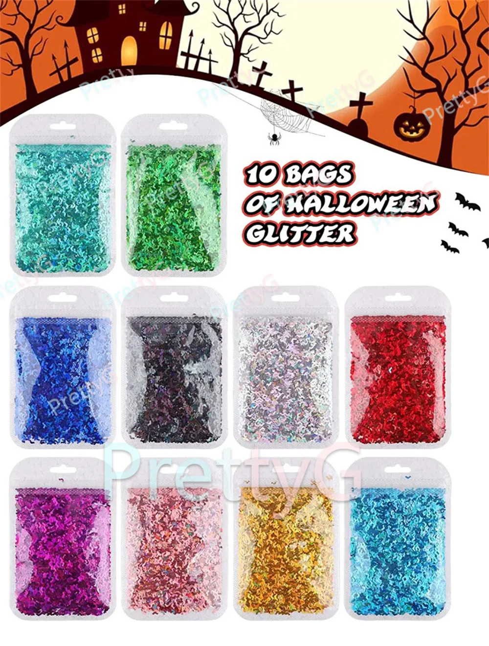 PrettyG 1 Box 5mm Halloween Laser Black Color Bat Shape Size Shape Glitter Sequins For DIY Art Makeup Decoration Accessories.