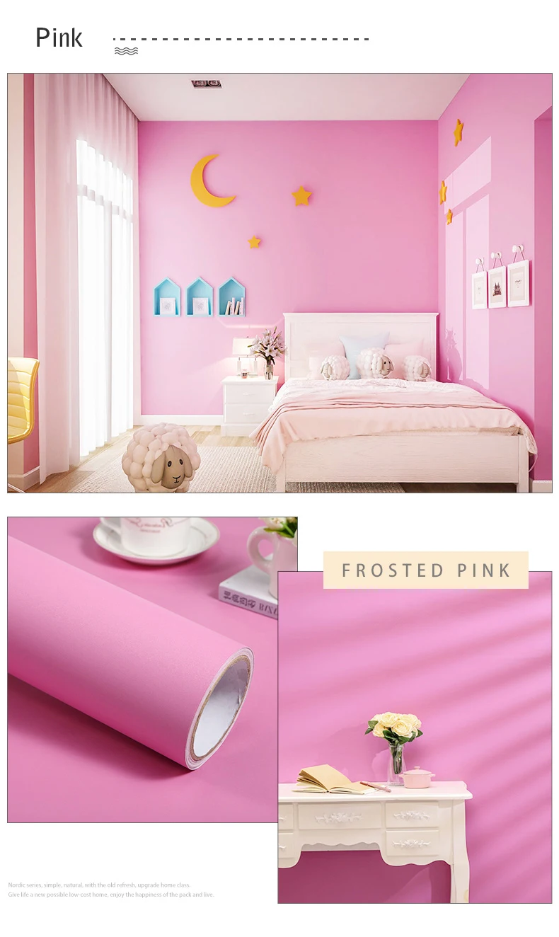 PVC Pure Color Matte Wallpaper Self-Adhesive Bedroom Waterproof Moistureproof Sticker Furniture Desktop Cabinet Renovation Film