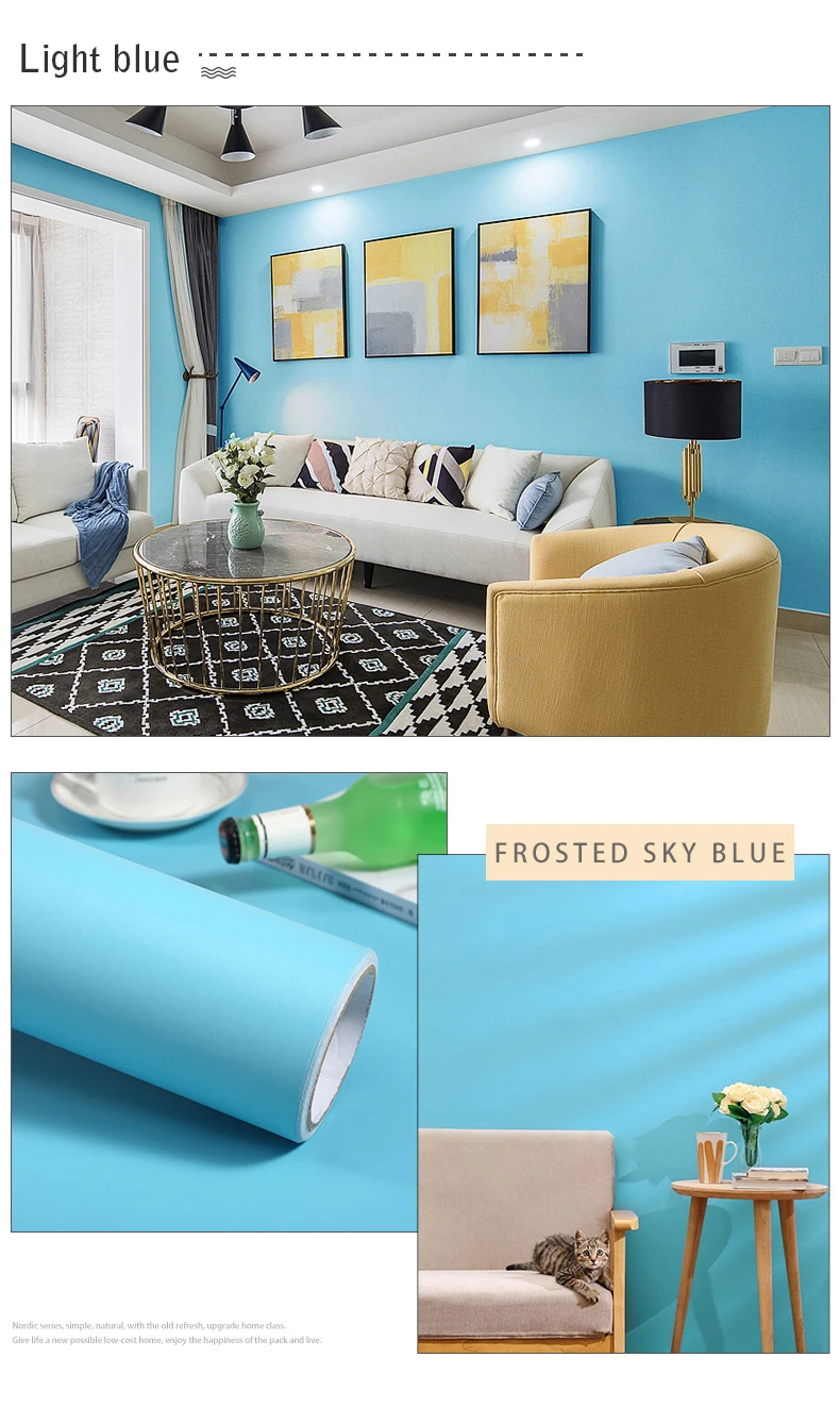PVC Pure Color Matte Wallpaper Self-Adhesive Bedroom Waterproof Moistureproof Sticker Furniture Desktop Cabinet Renovation Film
