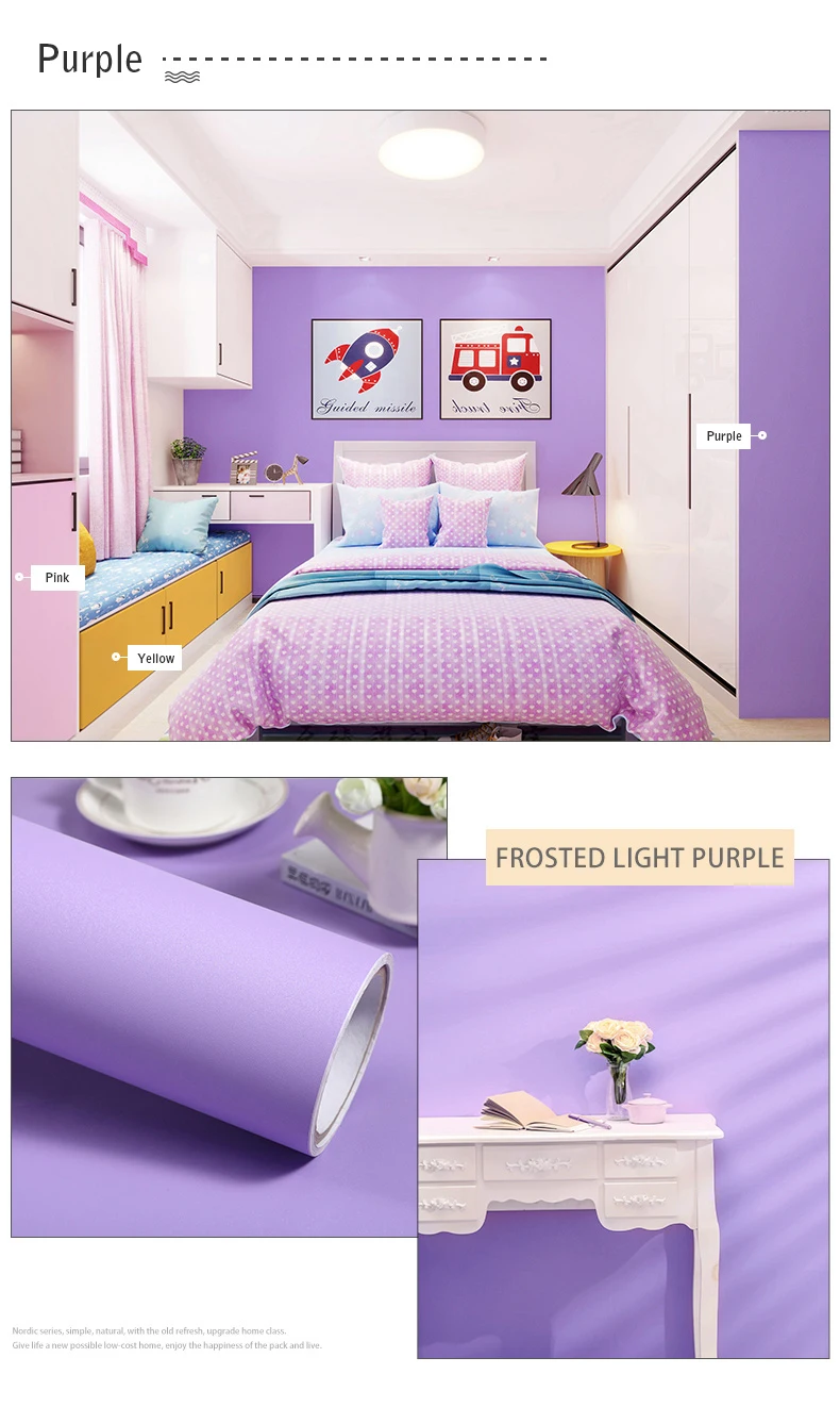 PVC Pure Color Matte Wallpaper Self-Adhesive Bedroom Waterproof Moistureproof Sticker Furniture Desktop Cabinet Renovation Film