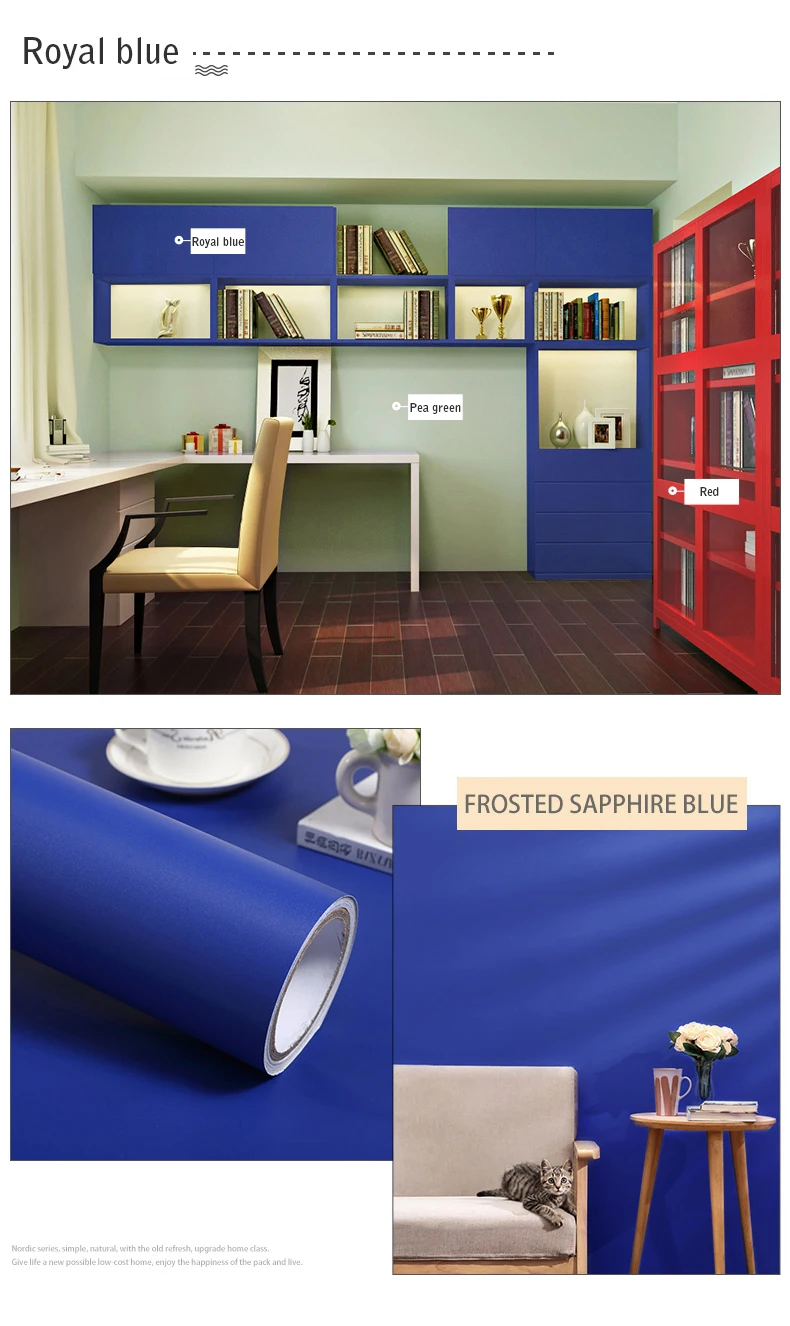 PVC Pure Color Matte Wallpaper Self-Adhesive Bedroom Waterproof Moistureproof Sticker Furniture Desktop Cabinet Renovation Film