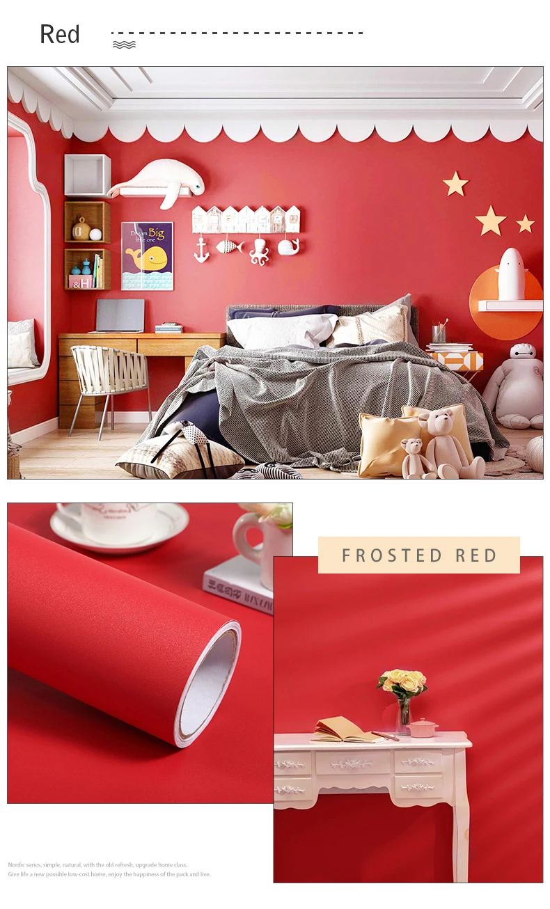 PVC Pure Color Matte Wallpaper Self-Adhesive Bedroom Waterproof Moistureproof Sticker Furniture Desktop Cabinet Renovation Film