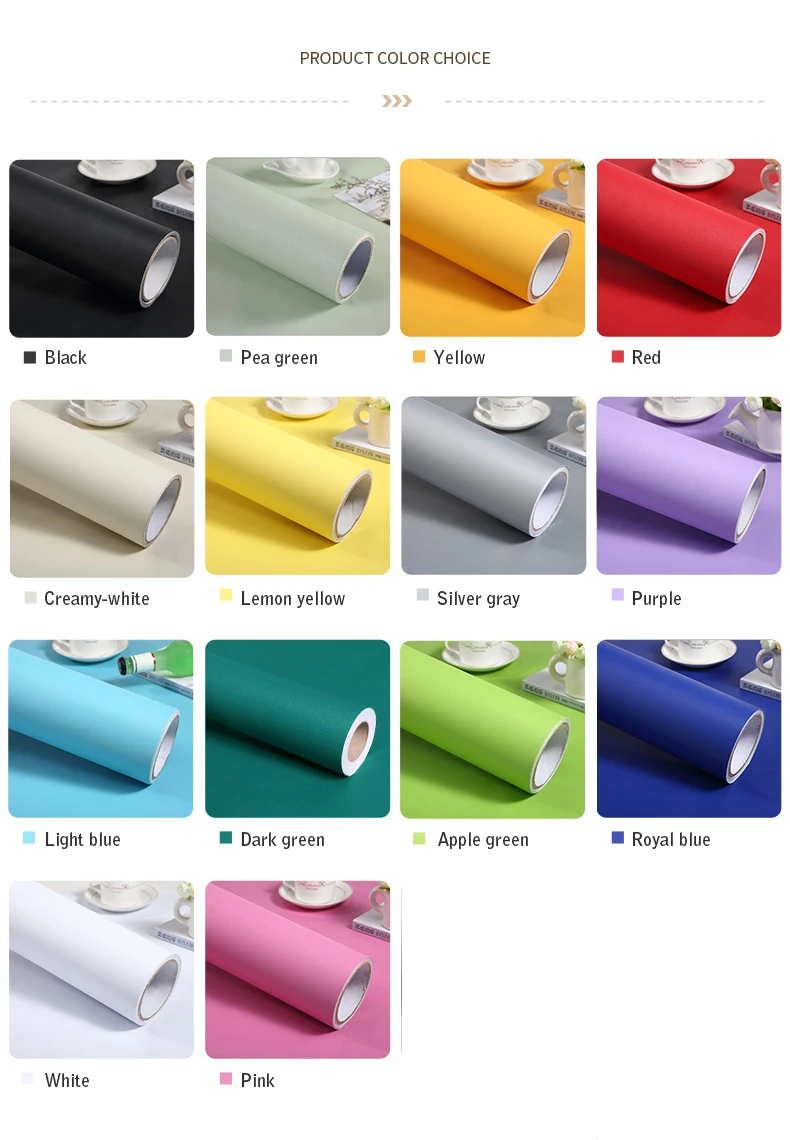 PVC Pure Color Matte Wallpaper Self-Adhesive Bedroom Waterproof Moistureproof Sticker Furniture Desktop Cabinet Renovation Film