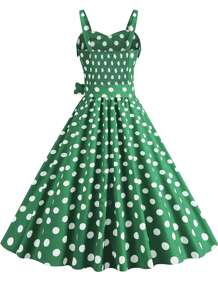 Polka Dot Party Dress Elegant Women Summer Puff Sleeve Square Collar Elastic Waist Vintage Midi Sundress Casual Beach
