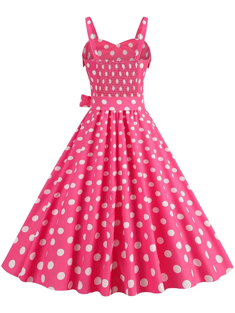 Polka Dot Party Dress Elegant Women Summer Puff Sleeve Square Collar Elastic Waist Vintage Midi Sundress Casual Beach