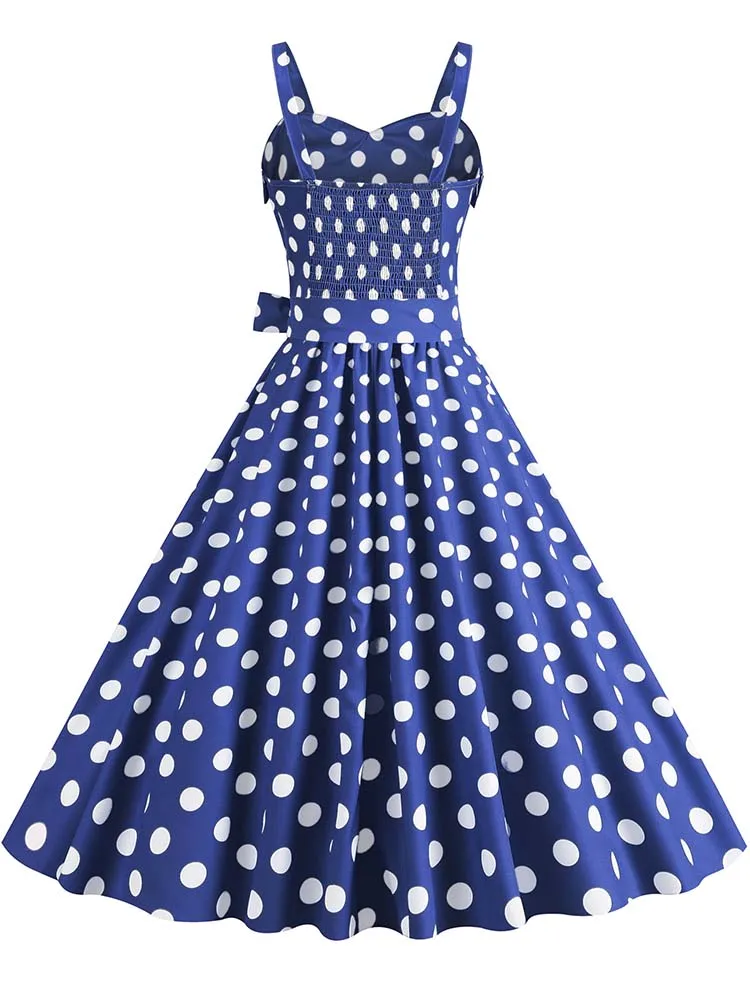 Polka Dot Party Dress Elegant Women Summer Puff Sleeve Square Collar Elastic Waist Vintage Midi Sundress Casual Beach