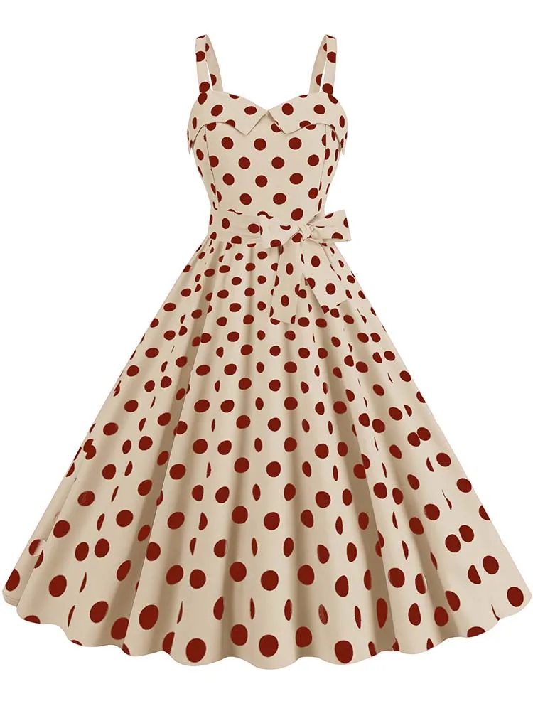 Polka Dot Party Dress Elegant Women Summer Puff Sleeve Square Collar Elastic Waist Vintage Midi Sundress Casual Beach