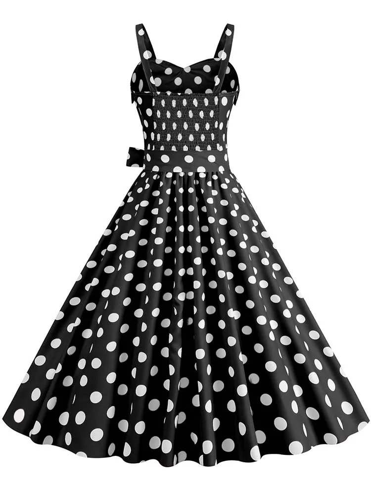 Polka Dot Party Dress Elegant Women Summer Puff Sleeve Square Collar Elastic Waist Vintage Midi Sundress Casual Beach