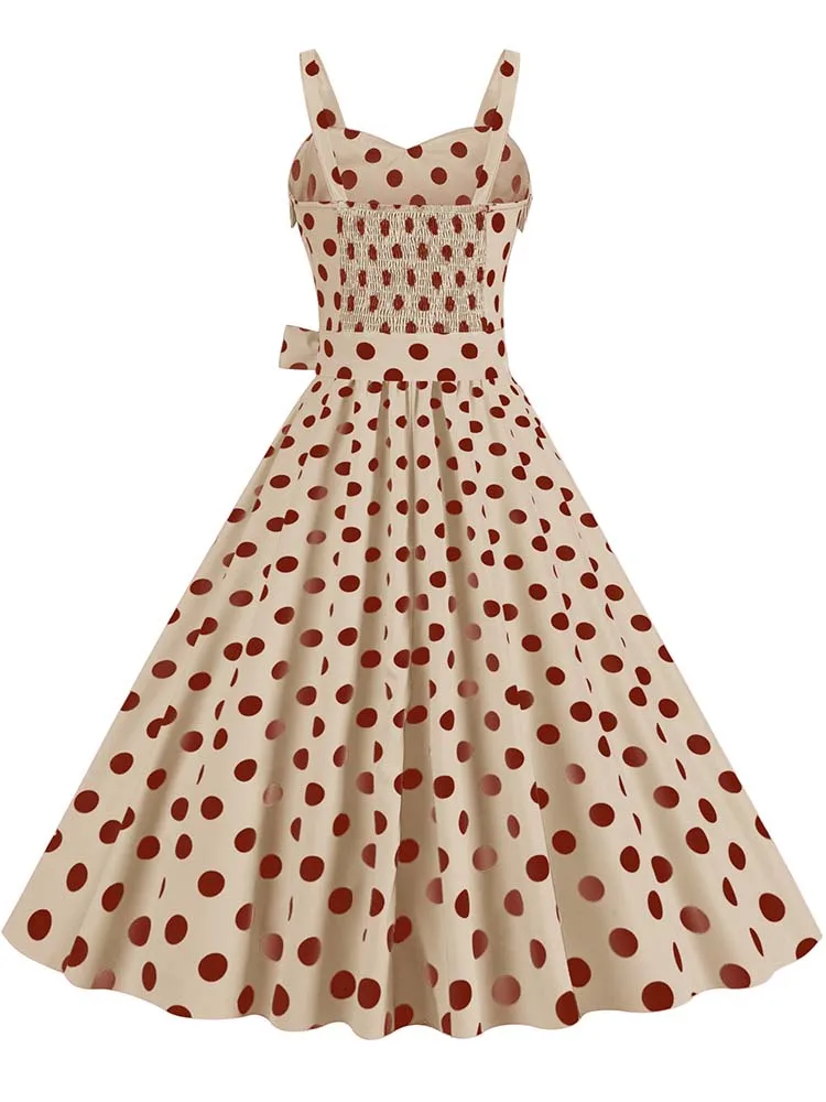 Polka Dot Party Dress Elegant Women Summer Puff Sleeve Square Collar Elastic Waist Vintage Midi Sundress Casual Beach