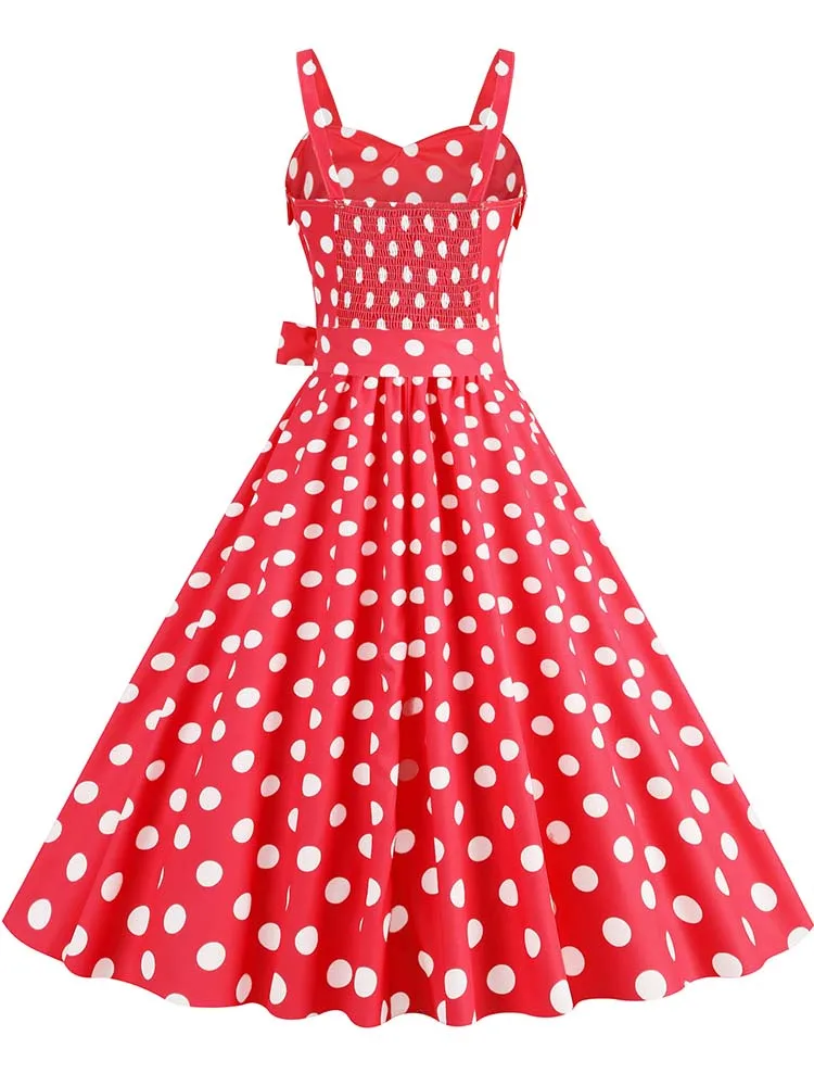 Polka Dot Party Dress Elegant Women Summer Puff Sleeve Square Collar Elastic Waist Vintage Midi Sundress Casual Beach