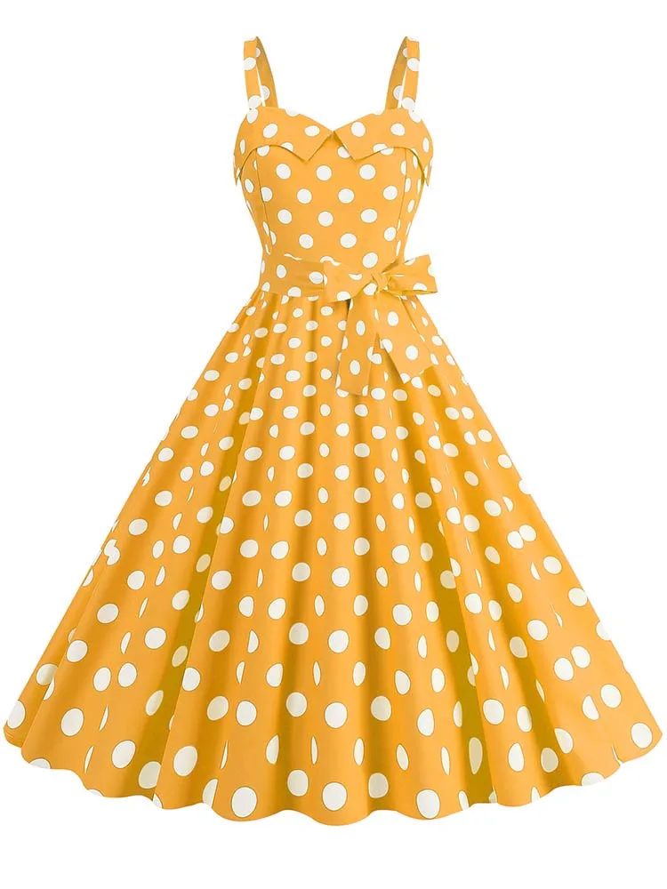 Polka Dot Party Dress Elegant Women Summer Puff Sleeve Square Collar Elastic Waist Vintage Midi Sundress Casual Beach