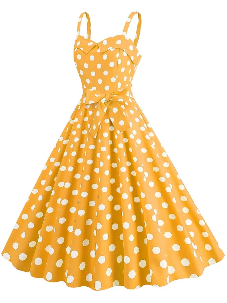 Polka Dot Party Dress Elegant Women Summer Puff Sleeve Square Collar Elastic Waist Vintage Midi Sundress Casual Beach