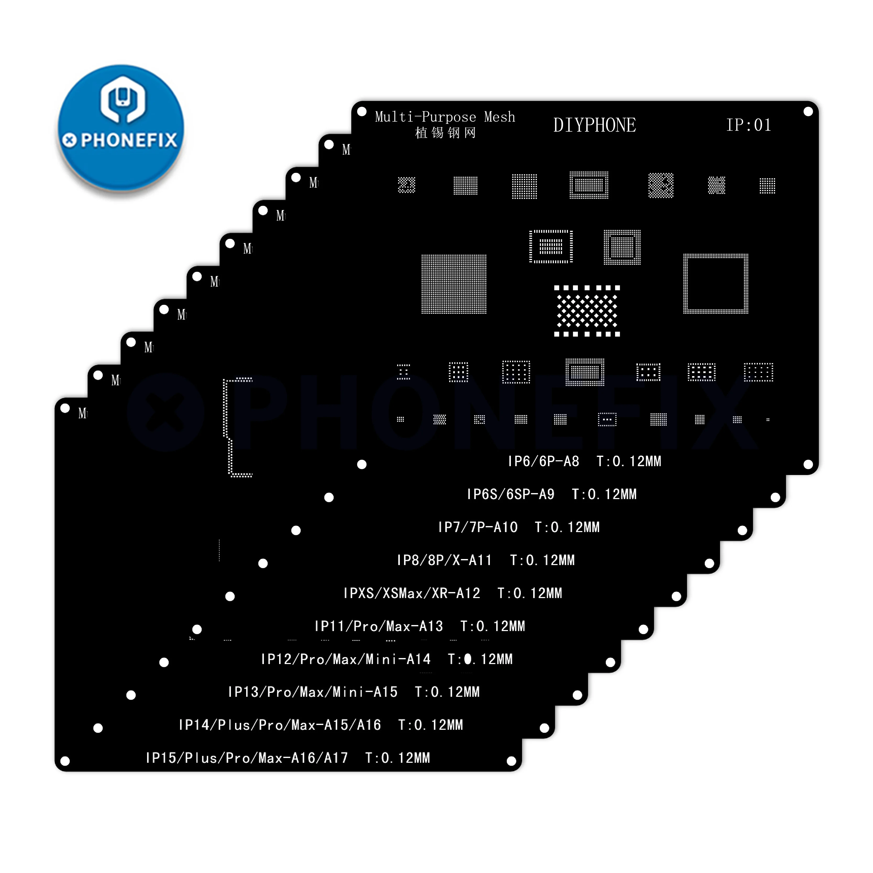 DIYPHONE BGA Reballing Stencil Kit For iPhone 17 16 15 14 13 13mini 11 12 Pro Max Black Steel CPU IC Chip Tin Soldering Net