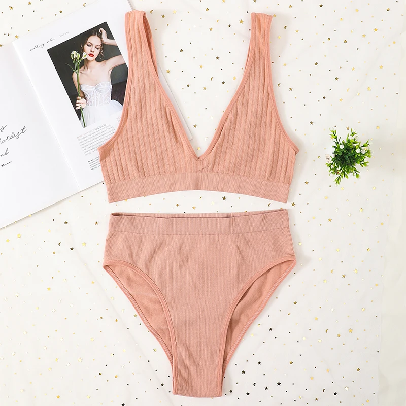 Women Ribbed V-Neck Bra And Panties Set Wireless No-pads Bralette High Waist High Cut Briefs Soft Stretch Sexy Lingerie Set S-L