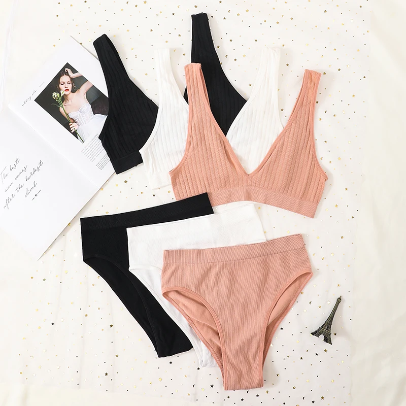 Women Ribbed V-Neck Bra And Panties Set Wireless No-pads Bralette High Waist High Cut Briefs Soft Stretch Sexy Lingerie Set S-L