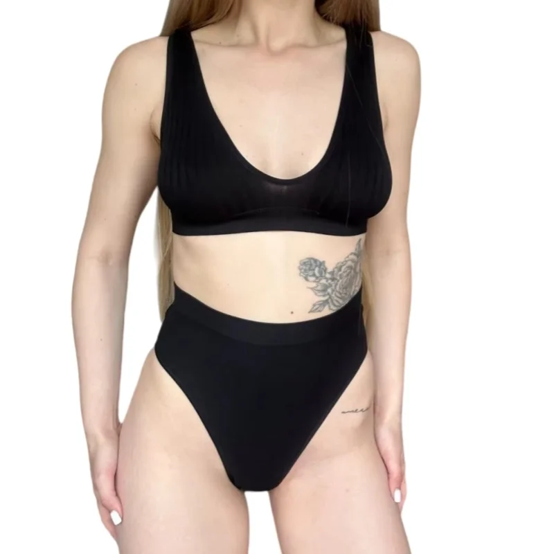 Women Ribbed V-Neck Bra And Panties Set Wireless No-pads Bralette High Waist High Cut Briefs Soft Stretch Sexy Lingerie Set S-L