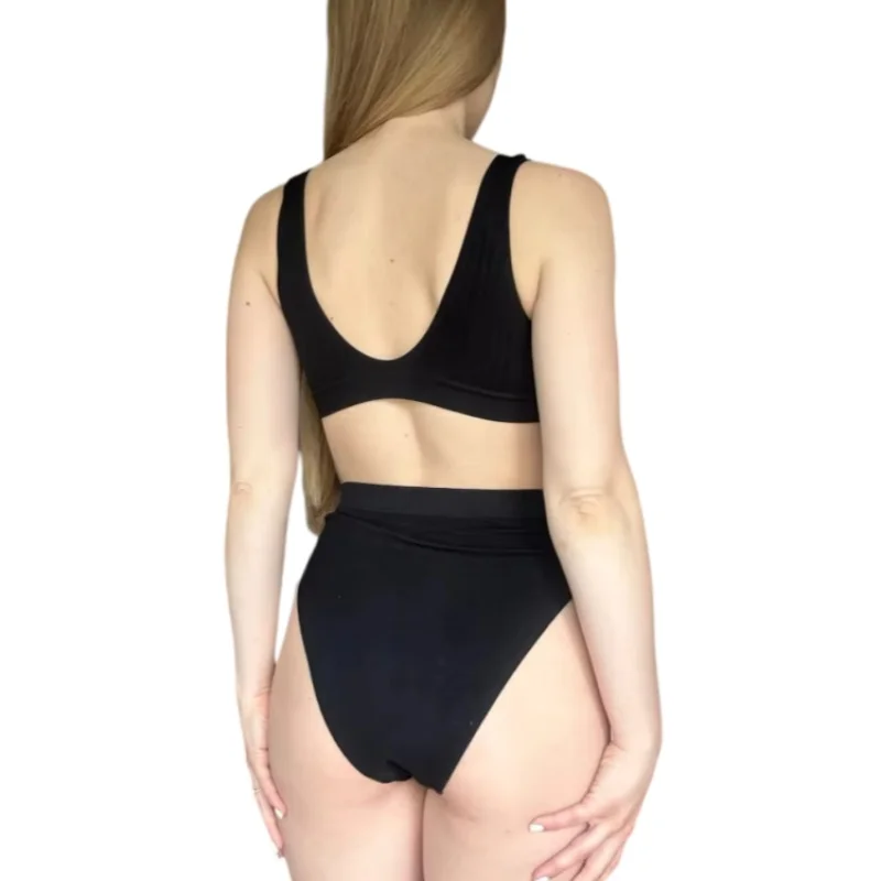 Women Ribbed V-Neck Bra And Panties Set Wireless No-pads Bralette High Waist High Cut Briefs Soft Stretch Sexy Lingerie Set S-L