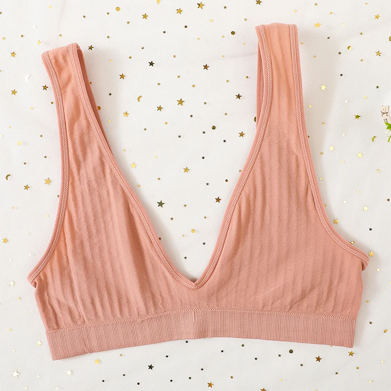Women Ribbed V-Neck Bra And Panties Set Wireless No-pads Bralette High Waist High Cut Briefs Soft Stretch Sexy Lingerie Set S-L