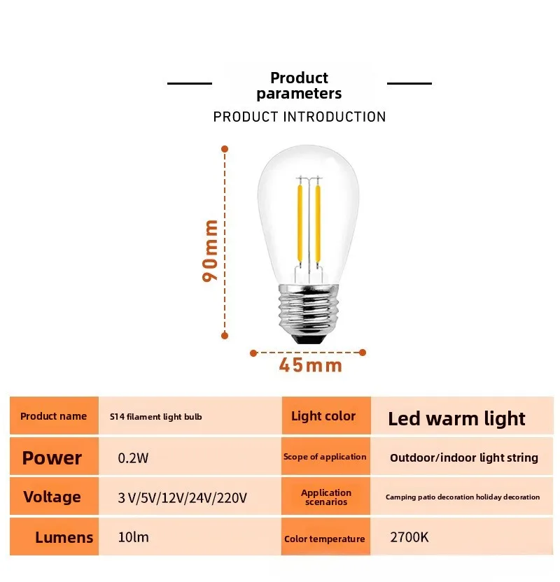 6PCS E27 2W S14 LED Retro Edison Bulbs 220V 3V 2700K Shatterproof Warm White Filament Candle Lamp For Outdoor String Lights