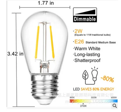 6PCS E27 2W S14 LED Retro Edison Bulbs 220V 3V 2700K Shatterproof Warm White Filament Candle Lamp For Outdoor String Lights